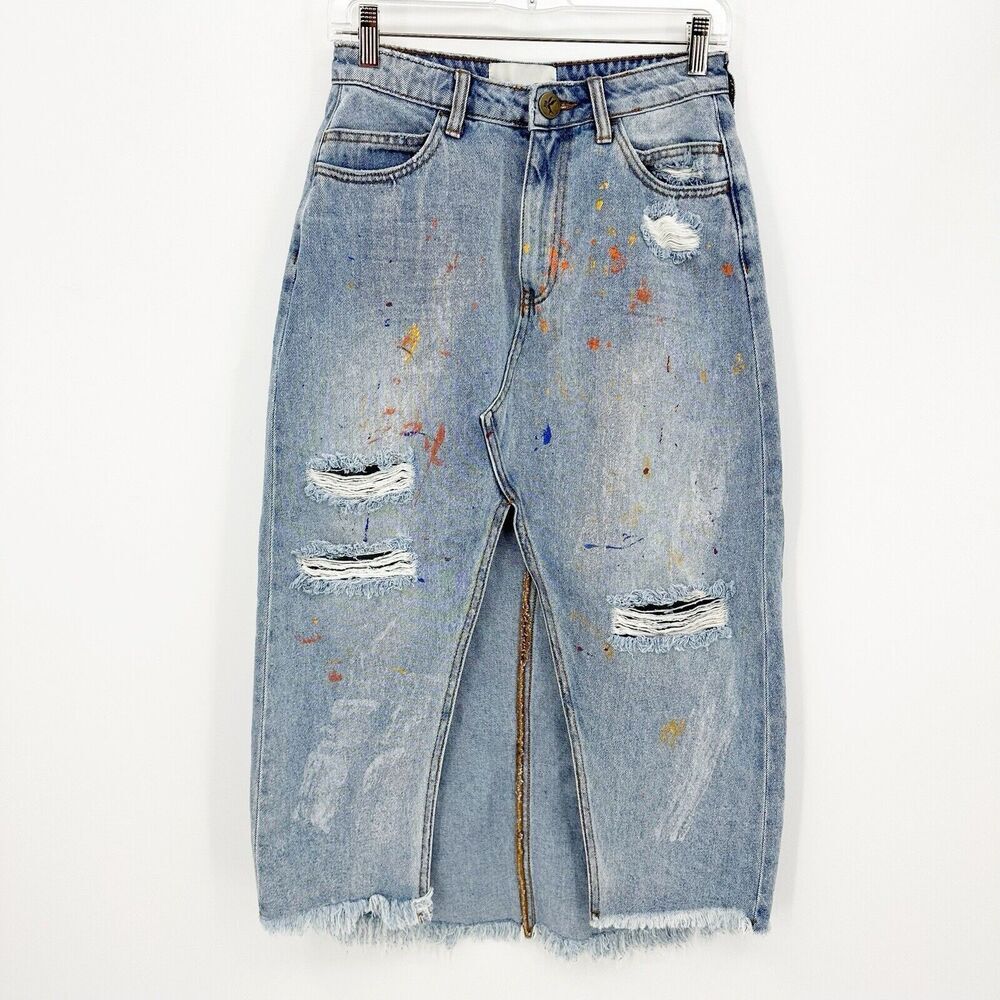 One Teaspoon Womens‎ Rocko Skirt 25 Blue Denim Grunge Paint Splatter Edgy Retro